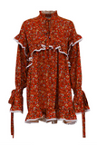 Elegant Leopard Print Flowers Lace Up Patchwork Ruffle Half A Turtleneck A Line Dresses(3 Colors)