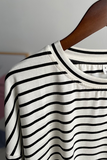 Casual Daily Striped Print Slit Contrast O Neck Tops