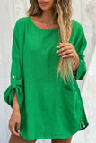 Casual Pocket Buttons O Neck Long Sleeve Dresses(4 Colors)