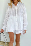 Casual Pocket See-Through Texture Turndown Collar Long Sleeve Two Pieces