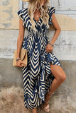 Vacation Elegant Striped Print Patchwork V Neck Waist Skirt Dresses