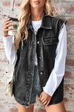 Casual Daily Distressed Buttons Turndown Collar Sleeveless Loose Denim Jacket