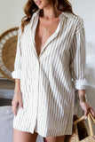 Casual Striped Print Buckle Turndown Collar Shirt Dresses