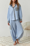 Casual Plaid Draw String Pocket Contrast Turndown Collar Long Sleeve Two Pieces