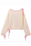 Casual Draw String Weave O Neck Sweaters