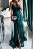 Sexy Prom Slit Mesh Sloping Shoulder Evening Dresses