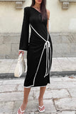 Elegant Patchwork Backless Strap Design Contrast Oblique Collar Long Dresses