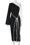 Elegant Patchwork Backless Strap Design Contrast Oblique Collar Long Dresses