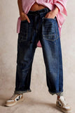 Casual Patchwork Pocket Mid Waist Straight Denim Jeans