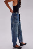 Casual Patchwork Pocket Mid Waist Straight Denim Jeans