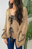 Casual Leopard Lace Up Patchwork Weave V Neck Outerwear(7 Colors)