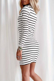 Casual Street Stripe See-Through Contrast Turndown Collar Wrapped Skirt Dresses