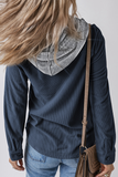 Casual Daily Draw String Buttons Patchwork Contrast Hooded Tops(7 Colors)