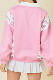 Casual Flowers Pocket Patchwork Contrast Turndown Collar Sweats