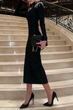 Elegant Rhinestone Fringed Trim Slit Turtleneck Wrapped Skirt Dresses