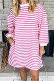 Casual Stripe Pocket Weave Contrast O Neck Long Sleeve Dresses