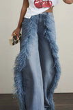 Daily Patchwork Fluffy Mid Waist Loose Denim Jeans