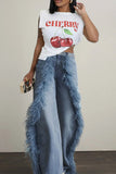 Daily Patchwork Fluffy Mid Waist Loose Denim Jeans