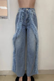 Daily Patchwork Fluffy Mid Waist Loose Denim Jeans