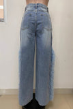 Daily Patchwork Fluffy Mid Waist Loose Denim Jeans