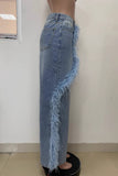 Daily Patchwork Fluffy Mid Waist Loose Denim Jeans