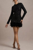 Sexy Party Sequins Feather Hemline O Neck Evening Dresses(4 Colors)