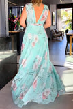 Elegant Floral Print Lace Up V Neck Long Dresses(3 Colors)