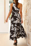 Sexy Vacation Floral Print Hollow Out Draw String Pleated Sloping Shoulder Pleated Dresses(3 Colors)