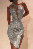 Sexy Party Slit Sequined Irregular One Shoulder Wrapped Skirt Dresses(3 Colors)