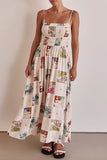 Elegant Landscape printing Contrast Square Neck Sling Dresses