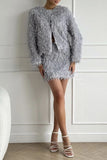 Celebrities Elegant Fringed Trim O Neck Long Sleeve Two Pieces(3 Colors)