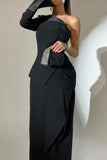 Elegant Buttons Slit Irregular Sloping Shoulder Long Sleeve Two Pieces