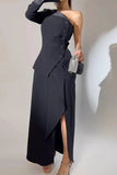 Elegant Buttons Slit Irregular Sloping Shoulder Long Sleeve Two Pieces