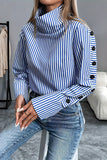 Casual Stripe Buttons Turtleneck Blouses