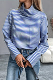 Casual Stripe Buttons Turtleneck Blouses