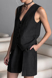 Casual Stripe Pocket Buttons V Neck Sleeveless Two Pieces