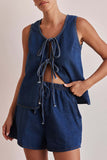 Casual Solid Color Lace Up O Neck Sleeveless Two Pieces