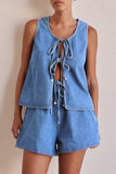 Casual Solid Color Lace Up O Neck Sleeveless Two Pieces