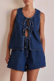 Casual Solid Color Lace Up O Neck Sleeveless Two Pieces