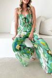 Casual Floral Print Pocket Contrast V Neck Loose Jumpsuits