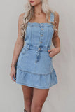 Casual Pocket Buttons Ruffle Square Neck Sleeveless Denim Dresses