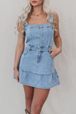 Casual Pocket Buttons Ruffle Square Neck Sleeveless Denim Dresses