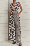 Casual Geometric Print Pocket Slit Contrast V Neck Sleeveless Two Pieces