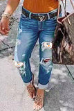 Fashion Sexy Print Ripped Patchwork Mid Waist Straight Denim