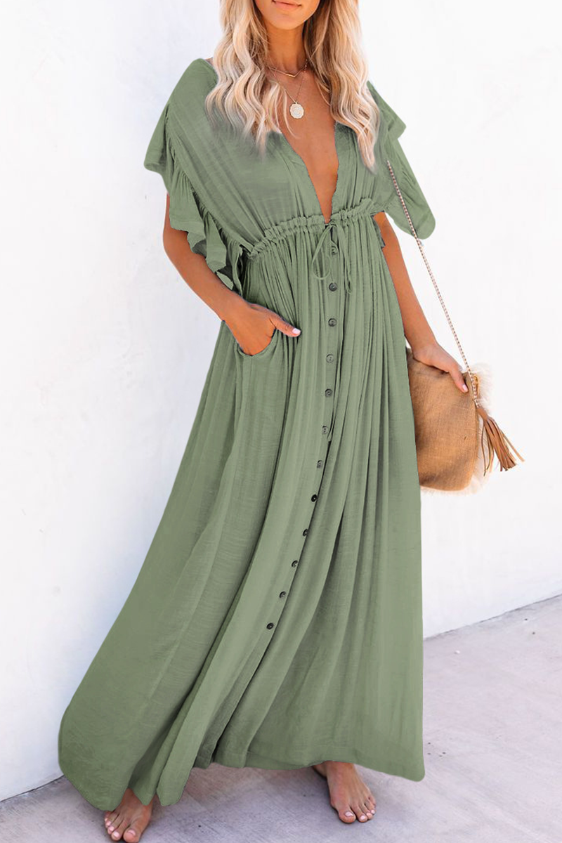 Elegant Solid Frenulum Buckle V Neck A Line Dresses(7 Colors) – flornana