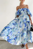 Sweet Elegant Print Asymmetrical Off the Shoulder Printed Dress Dresses