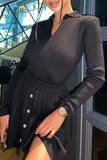 Sweet Solid Buttons V Neck Long Sleeve Two Pieces